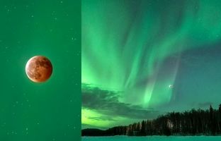 تصاویر بی‌نقصی از ماه‌گرفتگی در پس‌زمینه‌ مسحورکننده‌ شفق قطبی 